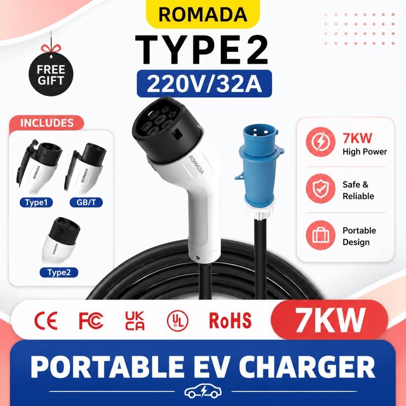 7KW ROMADA Elektrikli Araç Taş - Portable Ev Charger 32A Type 2 Cee Plug incelemesi ve fiyatı